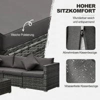 Outsunny Gartenmöbel-Set für 4 Personen, Rattanoptik, Beistelltisch mit Hartglasplatte, Sitz- und Rückenkissen, grau(m-5)