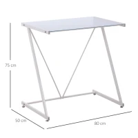 HOMCOM Escritorio Mesa de Ordenador 80x50x75 cm con Encimera de Vidrio Templado y Patas de Metal Carga 80 kg Estilo Moderno para Oficina Estudio Dormitorio Blanco(m-3)