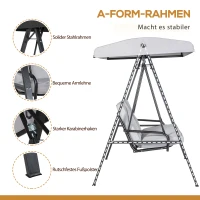 Outsunny Hollywoodschaukel, 2-Sitzer Gartenschaukel mit verstellbarem Dach, bis 220 kg belastbar, 145 x 116 x 172 cm, Grau(m-6)