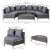 Outsunny 5 Pieces Rattan Garden Furniture Set, 4 Seater Half-Round Garden Sofa Set with Thickened Cushions, Wicker Conservatory Furniture with 4 Chairs, Rattan Coffee Table and Pillows, Grey(m-3)