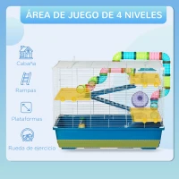 PawHut Jaula para Hámster Grande 79x46x60 cm Casa para Hámster con 3 Plataformas Tubos Comedero Bebedero 3 Rampas Rueda de Ejercicio y 2 Asas Portátiles Azul y Blanco(m-6)