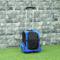 PawHut Transportín Carrito para Mascotas 2 en 1 Mochila de Viaje con 2 Ruedas para Perros Gatos con Asa Retráctil de Aluminio y Bolsillos de Almacenaje 42x25x55 cm Azul(m-2)