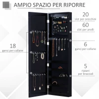 HOMCOM Specchio Portagioie da Parete con Ganci e Scompartimenti in Legno, Armadietto Portagioie con Specchio per Orecchini, Collane e Anelli, 37x9.5x121 cm, Nero(m-5)