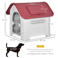 PawHut Caseta para Perro con Puerta Extraíble Base Elevada 3 Respiraderos y Ventana Abrible Caseta de Perros para Interior y Exterior 72x87x75 cm Gris Rojo(m-3)