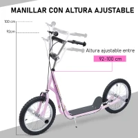 HOMCOM Patinete Scooter para Niños de +5 Años con Neumáticos Inflables Grandes de 16 Pulgadas con Frenos y Manillar Ajustable en Altura 143x58x92-100 cm Rosa(m-5)