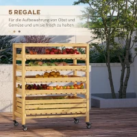 Outsunny Gemüsehorde mit 5 Regalen, Obstkiste, Gemüsekiste, wetterbeständig, 4 Rollen, 73 cm x 45 cm x 91 cm, Natur(m-4)
