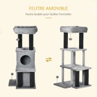 PawHut Arbre à chats design cosy chic multi-équipements centre d'activités niches plateformes lit jeu boule feutres amovibles lavables panneaux de particules peluche courte 48 x 48 x 100 cm gris(m-5)
