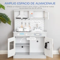 HOMCOM Cocina de Juguete de Madera para Niños de +3 Años Cocinita de Madera Infantil con Luz Sonidos Accesorios Utensilios Estufa Fregadero y Microondas 60x29x84 cm Gris(m-5)