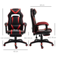 HOMCOM Fauteuil gamer, chaise gaming, siège de bureau réglable, avec repose-pieds et coussin, pivotant inclinable revêtement synthétique noir rouge(m-3)