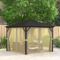 Outsunny 3 x 3(m) Metal Hardtop Gazebo, with Curtains and Accessories - Brown(m-10)