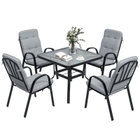 Outsunny 5 Pieces Outdoor Square Garden Dining Set w/ Tempered Glass Dining Table 4 Cushioned Armchairs, Umbrella Hole, Grey