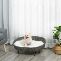 PawHut Cama para Perros Gatos de Mimbre Cesta Ratán para Mascotas Medianas Pequeñas con Cojín Lavable y Patas Elevadas de Acero 76x59x32 cm Gris y Blanco(m-2)