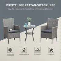Outsunny Polyrattan Gartenmöbel Set, Outdoor Lounge Balkonmöbel für 2 Personen, 3-teilig Sitzgruppe, 2 Stühle, Tisch Sitzkissen, Gartenlounge für Garten, Terrasse, Balkon, Grau(m-4)
