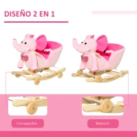 HOMCOM Caballito Balancín con Ruedas Forma de Elefante Caballo Balancín para Bebés de +18 Meses con Músicas 60x35x45 cm Rosa(m-6)