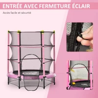 HOMCOM Trampoline Enfant Ø 1,40 × 1,60H m Filet de sécurité Porte zipée Couvre-Ressorts 6 poteaux rembourrés Inclus Rose(m-4)