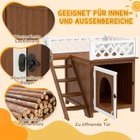 PawHut Katzenhaus, zweistöckig, mit Balkon und Treppe, für drinnen und draußen, für Katzen und Kaninchen, Tannenholz, Braun(m-7)