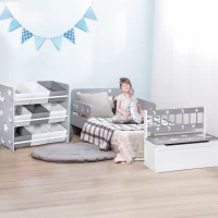 ZONEKIZ 3PCs Kids Furniture Bedroom Set with Bed, Toy Box Bench, Storage Unit with Baskets, Star and Moon Patterns, for 3-6 Years Old Boys Girls, Grey(m-2)