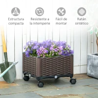 Outsunny Jardinera de Plástico Curdrada con 4 Ruedas Macetero de Jardín con Agujeros de Drenaje para Cultivo de Plantas en Exterior Patio Terraza 40x40x31,5 cm Marrón(m-6)