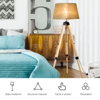 HOMCOM Lampadaire trépied hauteur réglable  65 x 65 x 99-143 cm lampe de sol 40 W  bois style nordique beige(m-6)
