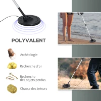 Outsunny Détecteur de métaux sensibilité et Volume Ajustable avec Bobine étanche, Manche réglable ABS Aluminium dim. 77,5-105L x 13l x 24H cm Noir(m-5)