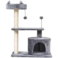 PawHut Katzenbaum mit Hängebett, 3-Stock Kratzbaum, Katzenhöhle, Katzenhaus mit Spielbällen, mit Sisalsäule und Kratzbrett, Plüsch Grau 60 x 40 x 81 cm(m-9)