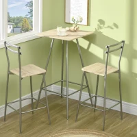 HOMCOM Set 3 Pezzi con Tavolino Alto e Sgabelli da Bar in Legno e Acciaio, Color Quercia(m-2)