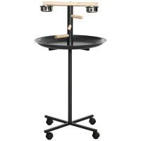 PawHut Parrot Perch Stand, Large Bird Play Stand, Metal Bird Table Feeder Station with Stainless Steel Bowls, Four Wheels, Round Tray, Black(m-11)