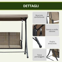 Outsunny Dondolo da Giardino a 3 Posti con Tettuccio Regolabile e Tasche Portaoggetti Marrone 196x128x172cm(m-6)