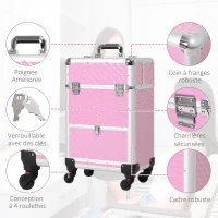 HOMCOM Valise trolley maquillage mallette cosmétique vanity poignée télescopique réglable 34L x 25l x 62H cm alu. rose(m-6)