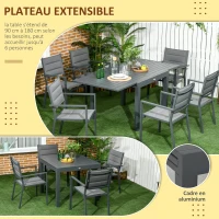Outsunny Salon de jardin en aluminium et textilène table extensible 90 à 180 cm 6 chaises empilables 4/6 personnes gris(m-4)