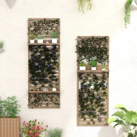 Outsunny Wall Mounted Plant Stands Set of 2, Fir Wood Flower Stand with Shelves and Slatted Trellis for Patio, Balcony, Porch(m-10)