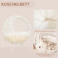 Pawhut Rattan Katzenkorb Katzenhöhle Katzenhütte Katzenbett mit Kissen erhöhtes Design Haustierbett Cremeweiß Ø45 x 57H cm(m-5)