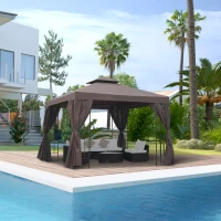 Outsunny 3 x 3 m Garden Gazebo Double Roof Marquee Patio Wedding Party Tent Canopy Shelter with Sidewalls (Brown)(m-2)