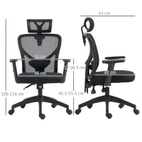 Vinsetto Sedia da Ufficio Ergonomica con Altezza Regolabile, Supporto Lombare e Poggiatesta, 66x61x106-116cm Nero(m-3)