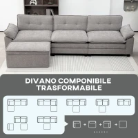 HOMCOM Divano Angolare Modulare con Chaise Longue, Pouf Contenitore e Rivestimento in Ciniglia, Grigio(m-7)