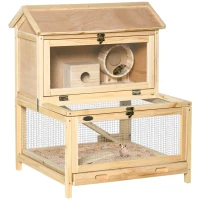 PawHut Wooden Hamster Cage with Pull-Out Tray, Two Tier Small Animal Hutch with Openable Top, Ladder, Seesaw, Running Wheel,  - Natural(m-1)