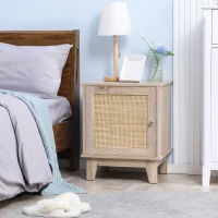 HOMCOM Bedside Table, Bedside Cabinet with Storage Cupboard, Side End Table with Rattan Element for Living Room, Bedroom, Natural(m-10)