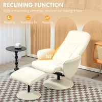 HOMCOM Swivel Recliner Chair with Footstool, PU Leather Armchair and Ottoman with High Back and Round Base for Living Room, Cream White(m-4)