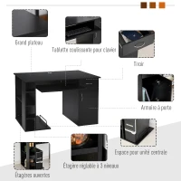 HOMCOM Bureau informatique table d'ordinateur multimédia multi-rangements avec étagère tiroir tablette clavier MDF 120 x 60 x 74 cm noir(m-5)