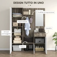 HOMCOM Mobile da Ingresso 4 in 1 con Specchio, Ganci e Ripiani Interni, in Legno, 145x29x184 cm, Nero e Bianco(m-4)