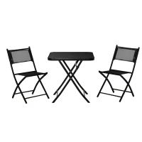 Outsunny 3 Pieces Garden Bistro Set, Folding Patio Table with Glass Table Top and 2 Chairs, Outdoor Furniture Set for Garden and Porch, Black(m-1)