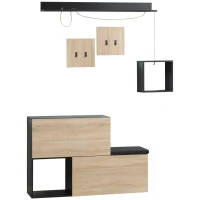 HOMCOM Ensemble de meuble d'entrée avec banc à chaussures, meuble à chaussures, 4 patères et étagère pour l'entrée, noir et naturel(m-10)