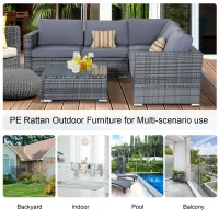 Outsunny 4 Pieces Rattan Garden Furniture Set, Wicker Outdoor Furniture Set with Corner Sofa Loveseat Coffee Table Cushions, Conservatory Furniture Set for Patio Balcony Poolside, Grey(m-5)