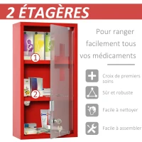 kleankin Armoire à Pharmacie 2 étagères 3 Niveaux verrouillable Porte Verre trempé dépoli Logo Croix 25L x 12l x 48H cm métal Rouge(m-6)