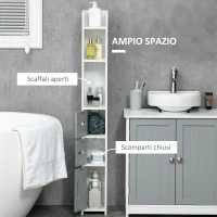 kleankin Colonna Bagno con Mensole e Armadietti, Mobile Alto Salvaspazio in Legno 15x17x120cm, Bianco e Grigio(m-4)