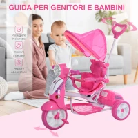 HOMCOM Triciclo per Bambini da 18-72 Mesi con Suoni e Luci, Triciclo con Maniglione e Tettuccio Rimovibile a Forma di Moto, Rosa(m-6)