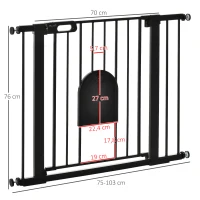 PawHut Barrera de Seguridad para Perros Mascotas 75-103 cm para Escaleras y Puertas con 2 Extensiones Cierre Automático y Sistema de Doble Bloqueo Negro(m-3)