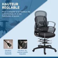 Vinsetto Chaise de bureau assise haute fauteuil de bureau en maille hauteur réglable pivotant avec repose-pied noir(m-4)