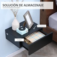 HOMCOM Set de 2 Mesitas de Noche Flotantes con 1 Cajón Diseño Montado en la Pared Estilo Moderno 40x30x15 cm Negro(m-5)