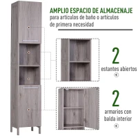 kleankin Columna de Baño Mueble Alto y Estrecho con Estantes Abiertos y 2 Armarios 30x32x172,5 cm Madera Grisácea(m-4)